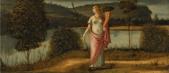 Allegorische Figur einer Frau in einer Landschaft mit Speer